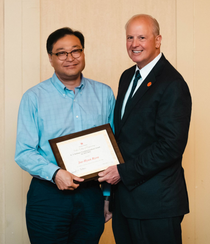 Dr. Joseph W. Tedesco, Ph.D., P.E., the Elizabeth D. Rockwell Endowed Chair and Dean, presents the W.T. Kittinger Teaching Excellence Award to Jae-Hyun Ryou of Mechanical Engineering.