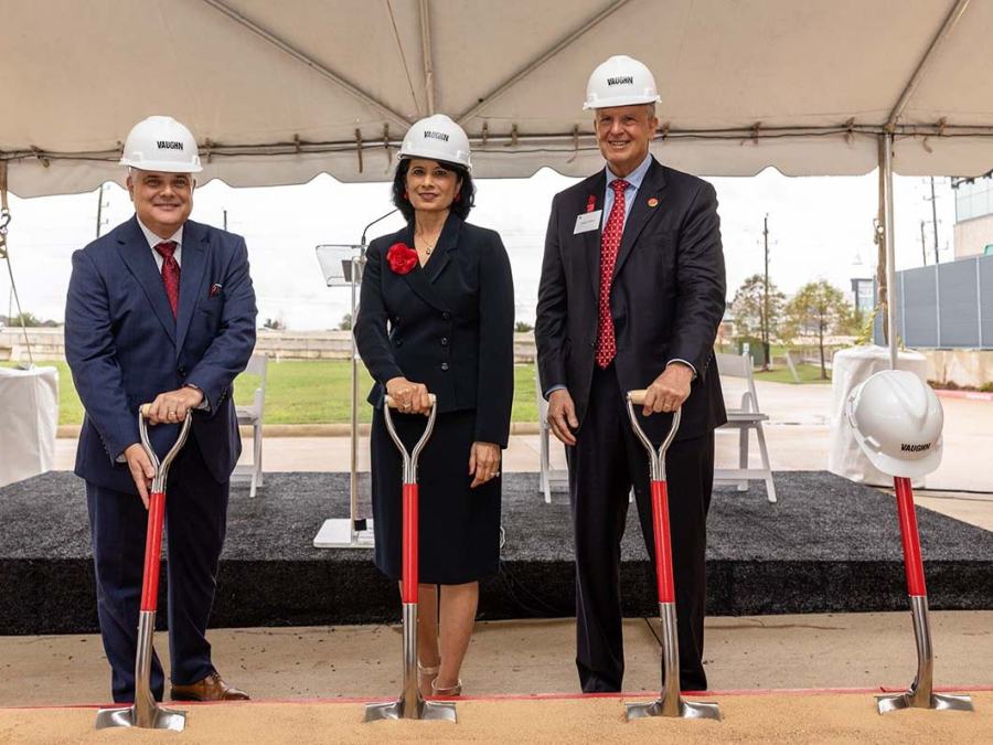 A ceremonial groundbreaking for Sugar Land Academic Building 2, featuring [left to right] Jay Neal, Associate Vice President and Chief Operating Officer for University of Houston at Sugar Land and University of Houston at Katy; Renu Khator, chancellor of the University of Houston System and president of its flagship University of Houston campus; and Joseph W. Tedesco, Elizabeth D. Rockwell Dean of the Cullen College of Engineering.