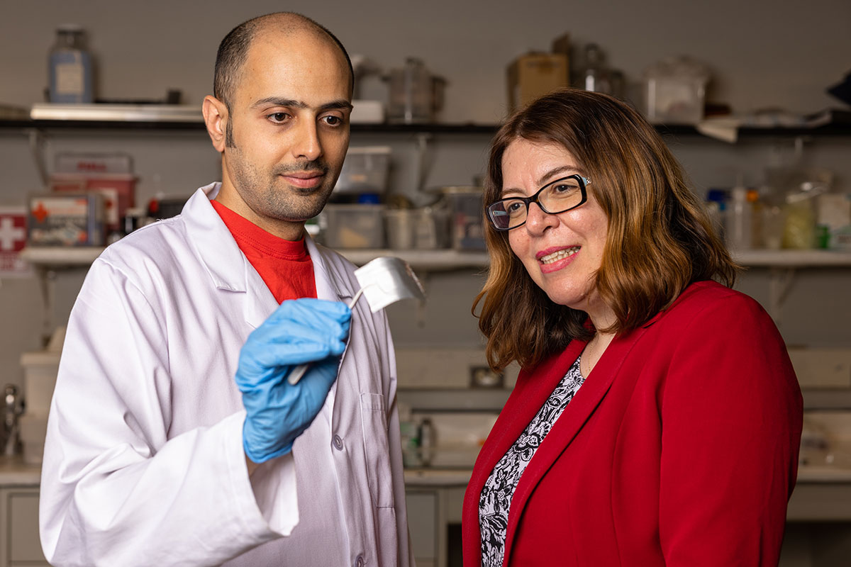 Professor Haleh Ardebili and Navid Khiabani, a UH graduate research assistant, discussing bendable batteries.