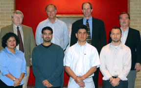 Mechanical Engineering: (front row) Amyn Andharia, Marco Flores, Enedelia Franco and Reynaldo Guerra, (back row) Advisors Ralph Metcalfe, Ken White, Donald Hollingsworth and Stanley Kleis.