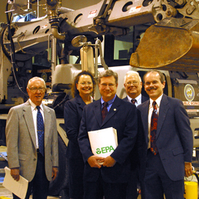 Dr. Herb McKee, environmental consultant and UH chemical engineering lecturer; Dr. Pamela Berger, director of environmental policy for the City of Houston; Richard E. Green, EPA regional administrator; Dr. Charles Rooks, director of the UH Diesel Vehicle Research and Testing Facility, and Dr. Mike Harold, professor and chair of the UH Department of Chemical Engineering, in the Diesel Vehicle Research and Testing Center at the University of Houston Cullen College of Engineering. Photo by Jeff Shaw.