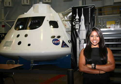 Aerospace engineering student Priyanka Cholleti with the Orion model.