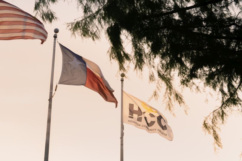 An exterior shot of the flags flying at the Houston Community College's Fraga Campus. The University of Houston's Cullen College of Engineering and HCC will be partnering to create an Engineering Academy on the campus.