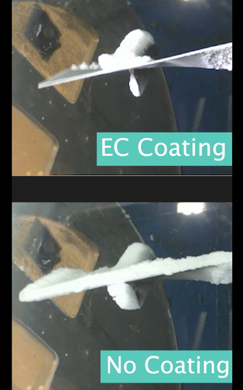 A visual example of the effect that the “icephobic” application from Elemental Coatings has when it comes to repelling ice buildup.