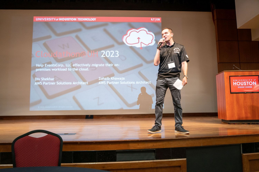 José C. Martínez, Instructional Assistant Professor in Computer Information Systems, speaks at the 2023 cloudathon@UH. 