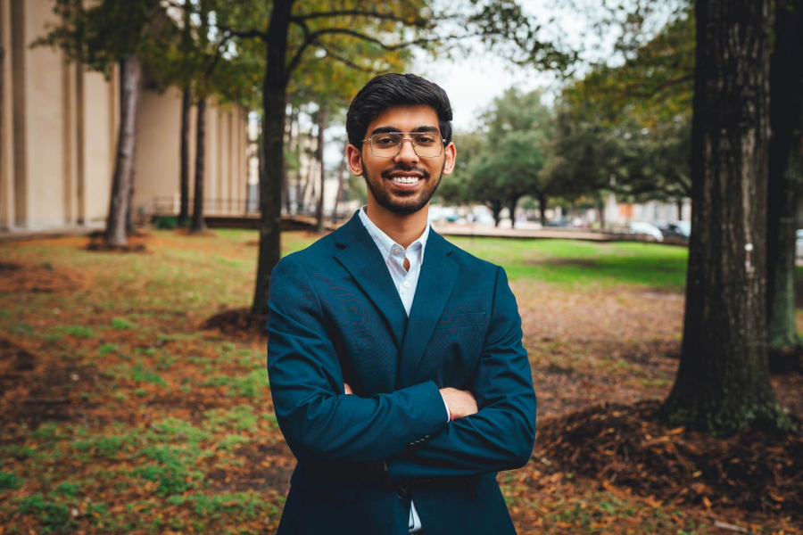 Aryan Dham is the banner bearer for the Fall 2023 Cullen College of Engineering commencement.