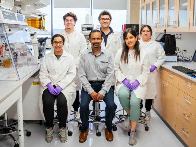   Venkatesh Balan, at front center, leads UH research into the double superpowers of algae and fungus – helping to reverse Earth’s global warming and create new food sources for humans. Also seated in front are, from left, Drashti Mojidra and Masha Alian. Standing in back are, from left, Aaron Martinez, Hemen Hosseinzadeh and Yiyi Zhang.