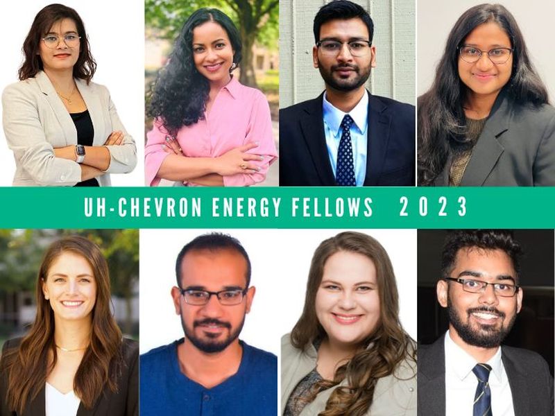 Eight University of Houston graduate students were selected as 2023-24 UH Chevron Graduate Energy Fellows (L to R): Kripa Adhikari, Aparajita Datta, Chirag Goel, Meghana Idamakanti (top row), Erin Picton, Mohamad Sarhan, Swapnil Sharma, and Larkin Spires (bottom row).