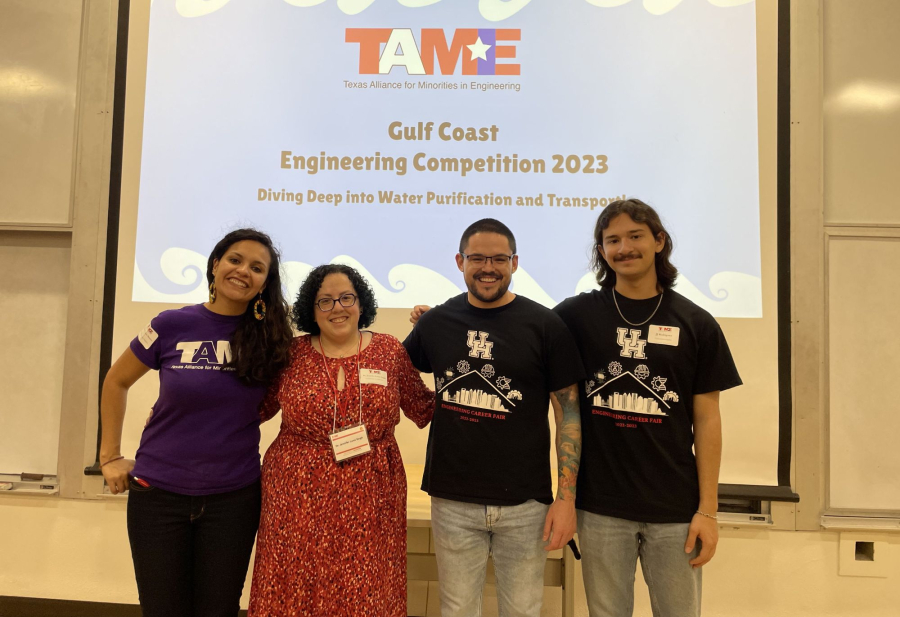 From left to right - Andrea Herrera Moreno, TAME Executive Director; Jennifer Luna-Singh, Ph.D., PROMES Director; Daniel Aguirre, UH Electrical Engineering Student; and Jadrian Rodriquez, UH Civil Engineering Student.