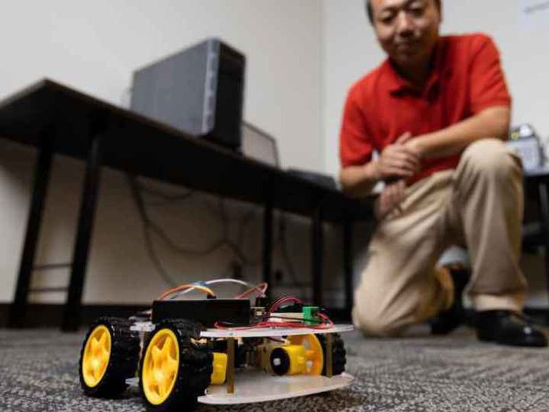 Once this tiny “smart car” is programmed with data, it can simulate several types of vehicles and point out weak points that could be susceptible to cyberattacks. It also can simulate communications between vehicles and the national Advanced Traffic Management System, then suggest to researchers where to look for potential trouble. Photo credit: Jon Burke