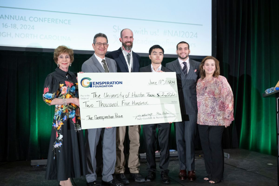 Jian Chen and Thomas "Tico" Hannan of the University of Houston Cullen College of Engineering were awarded the inaugural university-level Genspiration Prize at the National Academy of Inventors (NAI) 13th Annual Conference in Raleigh, North Carolina this summer. L to R: Genspiration Foundation founders Judy Genshaft and Steve Greenbaum; awardees Tico Hannan and Jian Chen; Bryan Greenbaum; and Genspiration Foundation CEO Noreen Segrest.