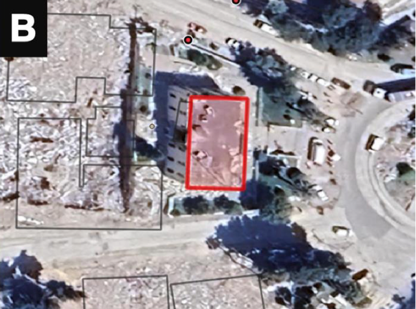 (b) A satellite image shows the same building. The building's outline is marked in red on this image. However, despite its severe condition, currently adopted AI algorithms assessed it as having no visible damage. Voelker's work highlighted the limitations of such AI tools by showing where they can miss important details. His approach, which combines radar and optical satellite data, aims to improve these assessments, making them more accurate.