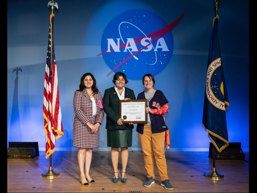 Kimia Seyedmadani [center], a biomedical engineering student pursuing her doctorate, received the NASA Silver Achievement award during a ceremony in December. She is flanked by [left] Dr. Katayoun Madani, Global Surgery Policy and Advocacy Baker Institute Fellow and clinical instructor of global surgery at Baylor College of Medicine; and [right] Michelle Fireling, Director of Human and Health Performance at NASA.