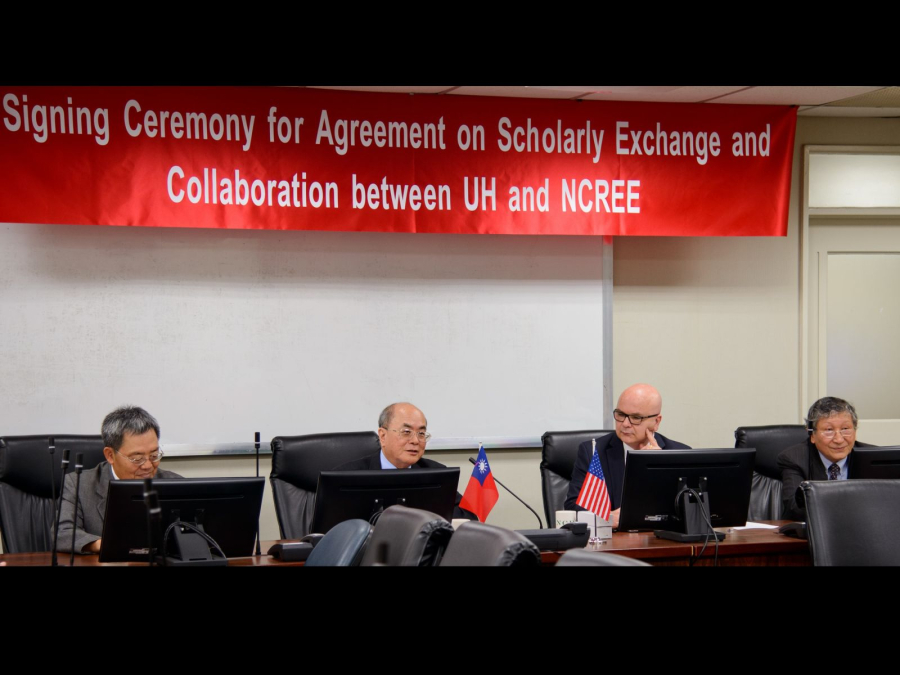 A signing ceremony, with [left to right] S.J. Hwang (former NCREE Director), K.C. Chang (former NCREE director), Roberto Ballarini (CEE Chair) and Thomas Hsu (CEE Emeritus Moores Professor).