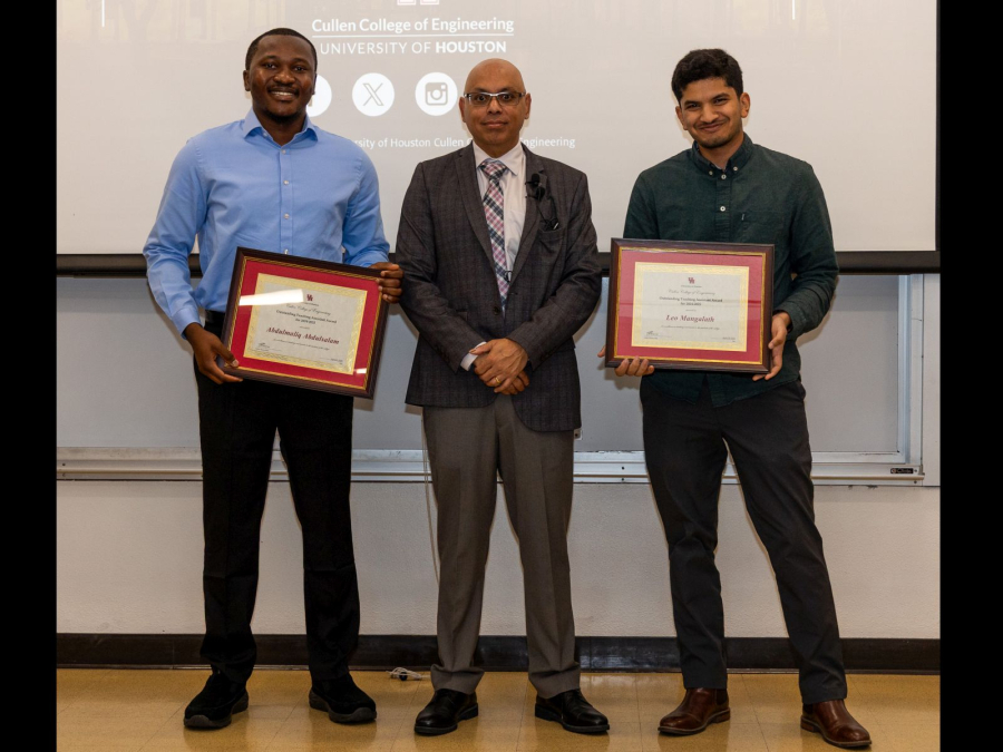 The Outstanding Teaching Assistant Award recognizes outstanding commitment to instruction by graduate teaching assistants. This year’s winners are [left] Abdulmaliq Abdulsalam of Chemical and Biomolecular Engineering, and Leo Mangalath [right] of Mechanical and Aerospace Engineering.