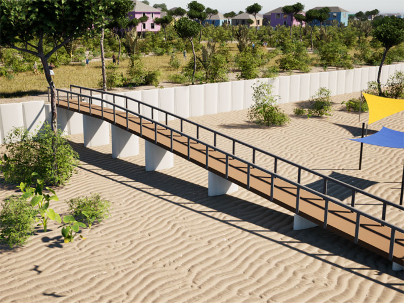 Artistic renderings of a beach ramp made from repurposed wind turbine blades.