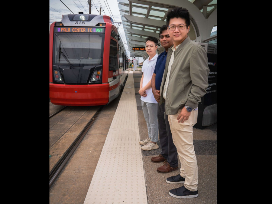 [Right to left] Kailai Wang, Zia U Din and Yuhao Wang are collaborating on research to assess cybersecurity at public transportation agencies, thanks to a $400,000 grant from the Federal Transit Administration's Transit Cooperative Research Program.