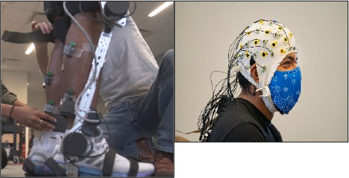 Figure 3. A: Exoskeleton and EEG. B: EEG data collection cap. 