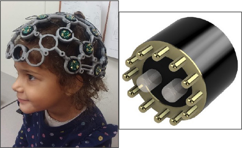 Figure 7. Early prototype of the multimodal neuroimaging device (left) and detail of the optoelectronic sensor. 