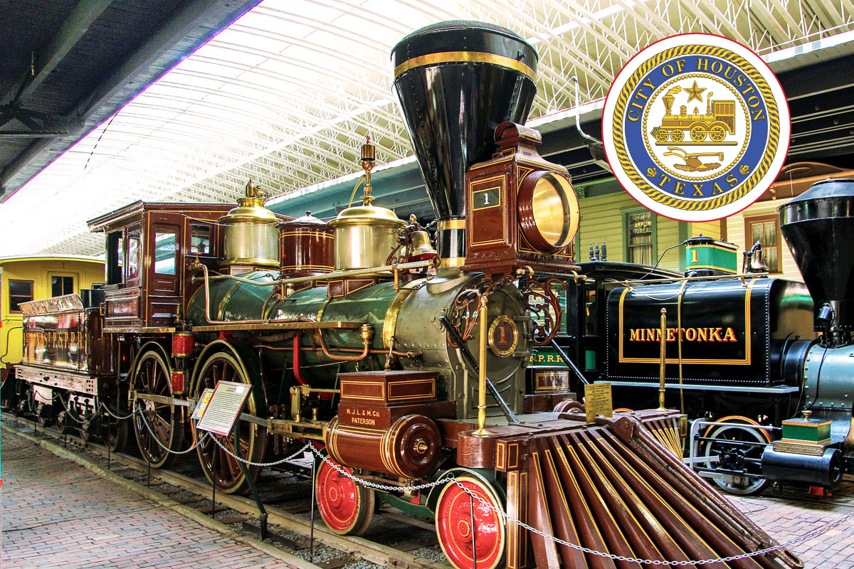 Great Northern 4-4-0 locomotive William Crooks, 1861. Lake Superior Railroad Museum, Duluth, MN.; Seal of the City of Houston