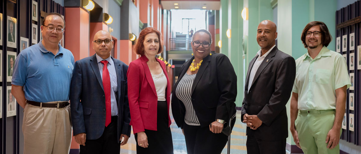 From left: Wei Wayne Li of Texas Southern University, Pradeep Sharma and Hanadi Rifai of the University of Houston, Yvette Pearson, Reginald DesRoches and Canek Phillips of Rice