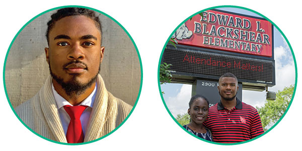 Pictured left: A recent image of Jameel Jordan. Pictured right: Bionka Edmundson and Jameel Jordan at Blackshear Elementary in 2017.