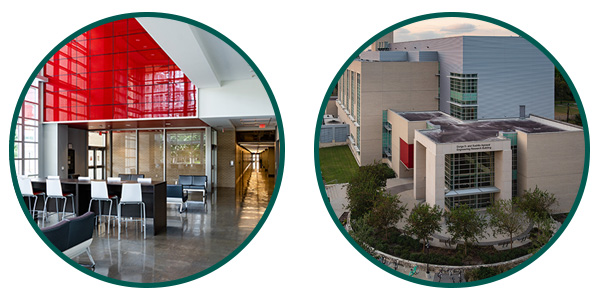 Left to Right: Interior of the Durga D. and Sushila Agrawal Engineering Research Building, Outside of the building