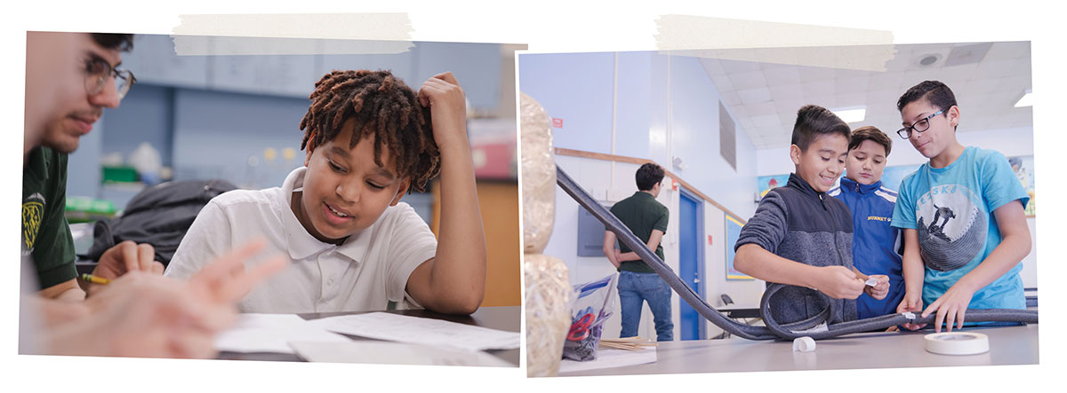 Pictured: Students brainstorm, collaborate and sculpt various parts of their weekly project. The St. Elmo Brady STEM Academy helps students build their science education with hands-on experimentation.