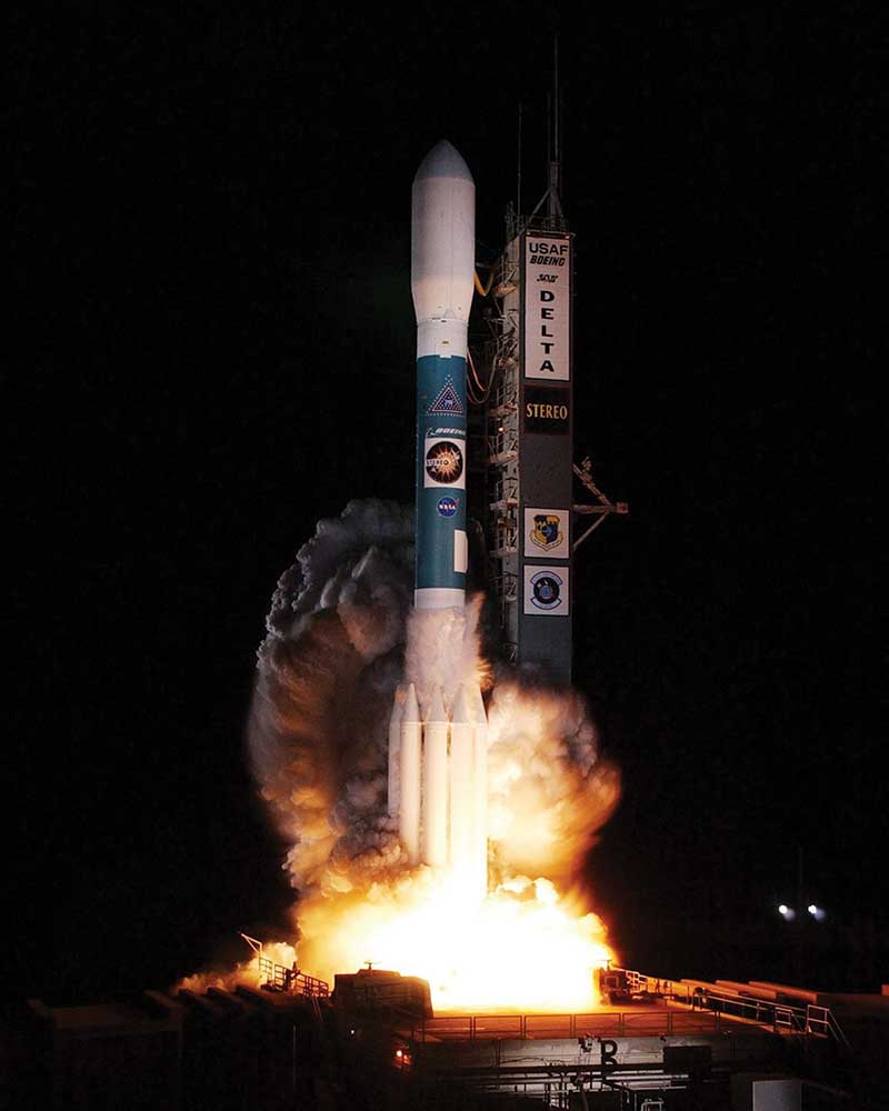 A Boeing Delta II lifts off at 8:52 p.m. Wednesday, Oct. 25 from Launch Pad 17B at Cape Canaveral Air Force Station, Florida. Payload for the mission was NASA's STEREO spacecraft, two NASA observatories on a two-year mission to study solar flares. The 45th Space Wing's support helped ensure public safety and mission success via radar, telemetry, communications and meteorological systems.