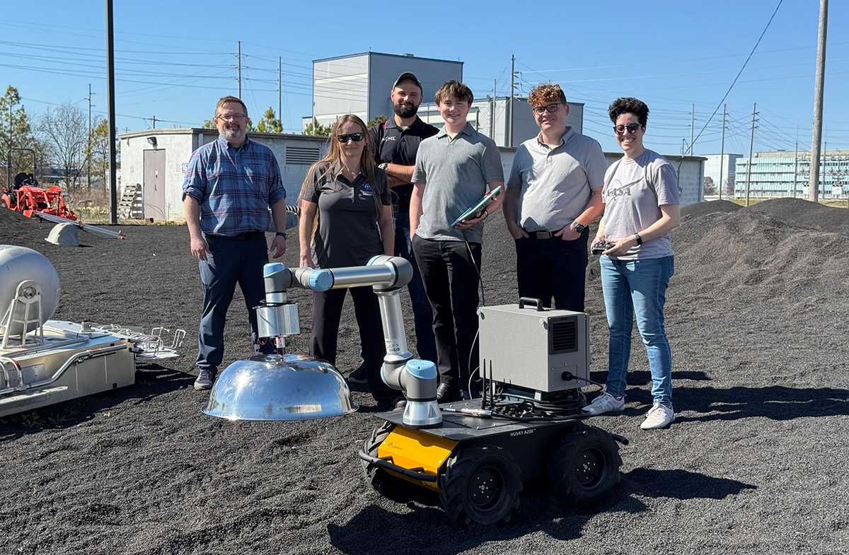 From left to right: Brandon Phillips — NASA MSFC ESL Lab Lead, Charity Golleher, David (Ben) Whaley, Ashton West, Cory Crow and Irene Prado — NASA MSFC ESL Technician