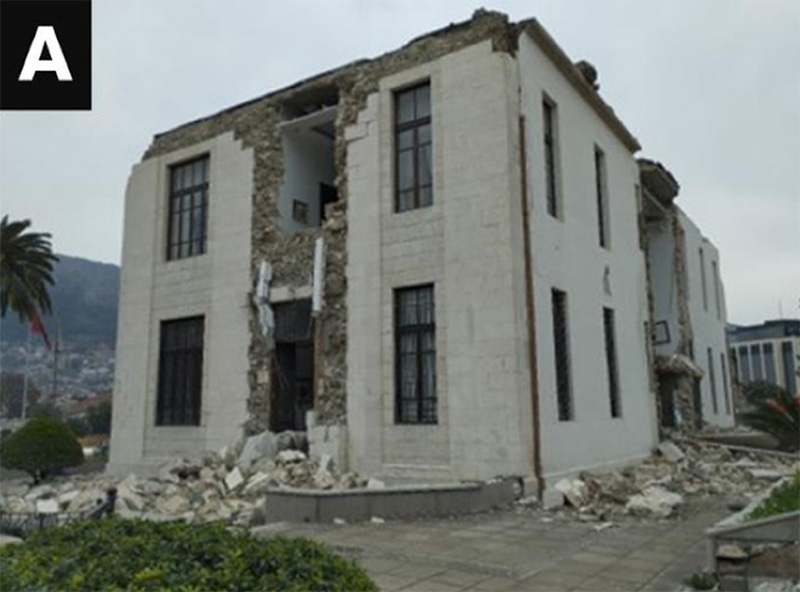 a) A building in Antakya, Turkey was rated as having “very heavy damage” during a survey in March 2024, which means it was seriously affected.