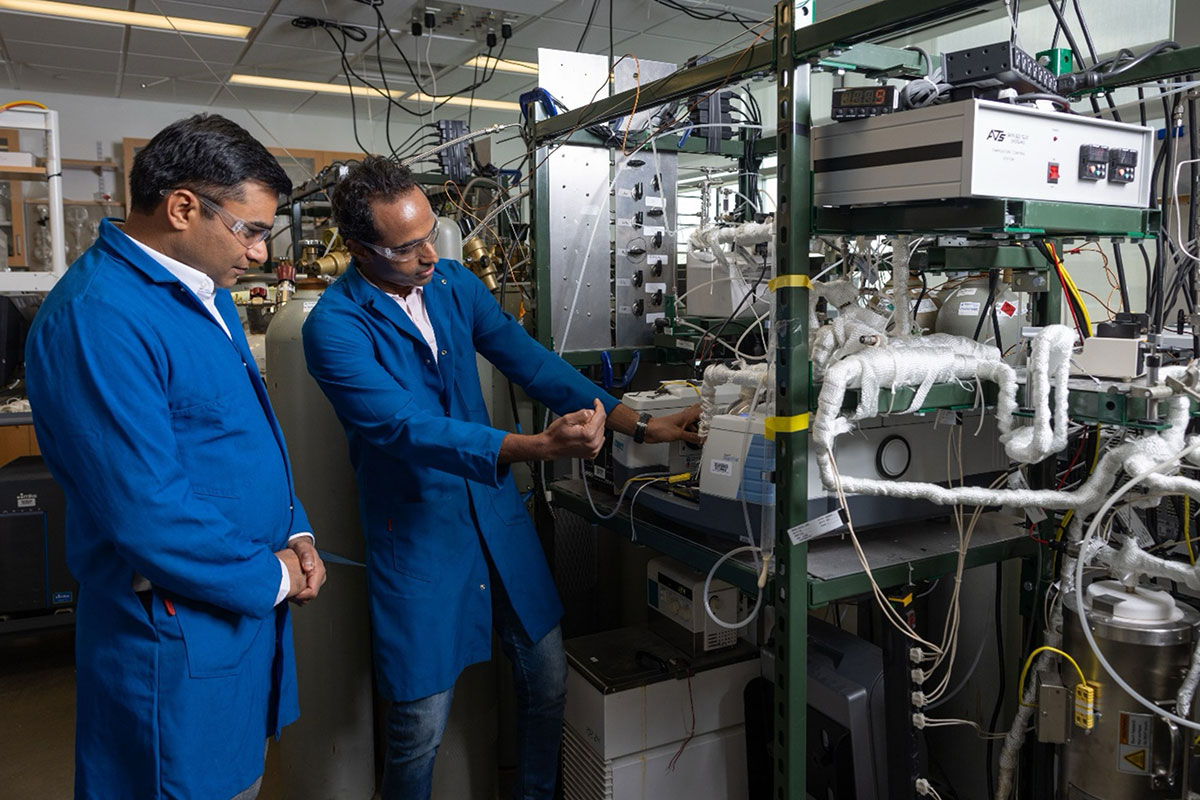 Researchers Rahul Pandey, senior scientist with SRI and principal investigator, and Praveen Bollini, a University of Houston chemical engineering faculty, are key contributors to the microreactor project.