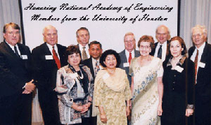 Dean Raymond Flumerfelt, UH President Arthur & June Smith, Benton Baugh, Fazle & Rehana Hussain, James & Joan Symons, John Lienhard (who provided narratives that night on each NAE member from UH), and Amalia & Dan Luss.