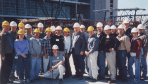 Civil engineering students from the University of Houston Cullen College of Engineering tour Reliant Stadium with UH alumnus and project manager Jimmie Schindewolf, UH engineering professor Jerry Rogers and UH regent, alumnus and architect Leroy Hermes.