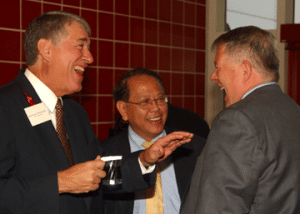 UH Engineering Dean Raymond Flumerfelt and Steven Pei meet with Conrad Masterson from the Nanotechnology Foundation of Texas. Photo by Jeff Shaw.