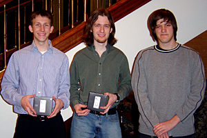 Freshmen engineering students Leif Bagge, Michael Fernandez and Kevin Weaver captured first place at the Texas A&M Regional Conference design competition. Photo courtesy of Dr. Julie Trenor.
