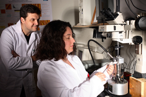 Peter Vekilov, associate professor of chemical engineering, and doctoral candidate, Dimitra Georgiou, work with an atomic force microscope to capture images of insulin molecules only 5 nanometers in diameter. Photo by Jeff Shaw.