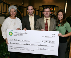 BP Foundation gifts nearly $30k in support of UH Cullen College of Engineering programs, student organizations and event sponsorships. Pictured are (from left): Vita Como, Cullen College director of professional development; Gabriel Cuadra (1988 BSChE), BP Mexico business unit leader for Latin America retail; Fritz Claydon, engineering interim dean; and Lizie Nguyen (2006 BSChE), BP subsea engineer. Photo by Mark Lacy.