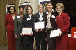 On behalf of the ExxonMobil Women Engineer UH Alumni, Kay Babineaux (2004 BSEE), Cynthia Oliver Coleman (1971 BSChE) and Jessica Garcia (2002 BSComE) presented the $500 “Women in Engineering WELCOME” award to engineering students Brandy Jones (IE) and Rachel Jones (ME), along with a $1,000 check to WELCOME Director, Dr. Julie Trenor, during the 2007 Engineers Week Reception.