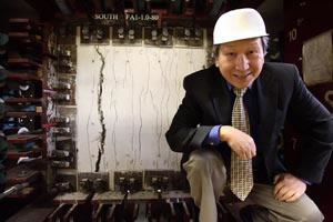 Civil Engineering Professor Thomas Hsu has spent 20 years testing the durability of reinforced concrete under variable conditions on a piece of equipment called the "Universal Element Tester", the only one of its kind in the world.  Photo by Todd Spoth.
