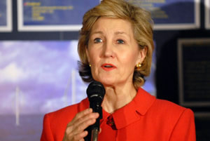 Texas Senator Kay Bailey Hutchison visited the Cullen College of Engineering on Tuesday, April 3, to tour wind-related research labs and hold a press conference to announce new renewable energy legislation and to commend a UH-led effort to bring the Department of Energy's Large Wind Turbine Testing Facility to Texas. Photo by Gregory Bohuslav.