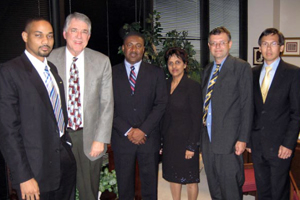 A Jamaican delegation visited with Dean Flumerfelt last week to discuss a possible educational and research partnership. The delegation included (from left) Dr. Gavin Gunter, Geologist, PCJ; the Honourable Phillip Paulwell, Jamaican Minister of Industry, Technology, Energy & Commerce; Dr. Ruth Potopsingh, Group Managing Director, PCJ; Professor Simon Mitchell, University of the West Indies at Mona, Jamaica; and Christopher Cargill, Director, Petrojam Limited.