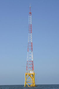 This tower off the coast of Galveston is currently collecting offshore wind data as part of preliminary research being conducted by Wind Energy Systems Technology (WEST) in an effort to build the nation's first offshore wind farm in the Gulf of Mexico. Photo courtesy of WEST.