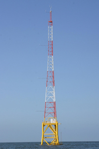 This tower off the coast of Galveston is currently collecting offshore wind data as part of preliminary research being conducted by Wind Energy Systems Technology (WEST) in an effort to build the nation's first offshore wind farm in the Gulf of Mexico. Photo courtesy of WEST.