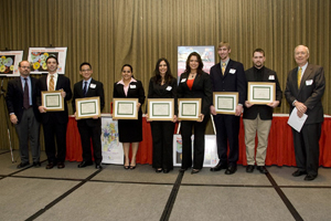 The UH Petroleum Engineering Advisory Board awarded $7,300 in cash awards and programmatic support at the 2008 EWeek Reception & Program. Seven engineering students received the $500 "Petroleum Engineering Minds" award. The remaining $3,800 will support the UH petroleum engineering program. From left is Dr. Mike Harold, professor and chair of chemical and biomolecular engineering; engineering students Brian Boone, Van Dang, Savera Mansukhani, Diana Montano, Angela Bedoya, Nicholas Brunson and Joseph Harris;