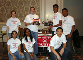 Electrical and computer engineering students compete in the 2008 IEEE Robotics Competition. Pictured are (from top left to right) Nicole Stewart, Dustin Reynolds, Kalpesh Patel, Lahiru Jinadasa, (bottom left to right) Anita Shah, Akshaya Koshy and Jhonny Feng. Not pictured: Wolly Ekanayake. 