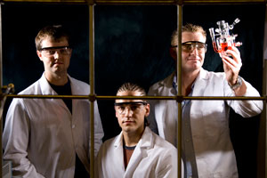 Graduate student Greg Bugosh, undergraduate student Rhys Forgie and Peter Strasser, assistant professor of chemical and biomolecular engineering are pictured in their laboratory. Photo by Thomas Shea