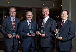 Cullen College alumni Gabe Cuadra, Michael Harold, Duane Germenis and Daniel Wong at the EAA Distinguished Engineering Alumni Banquet June 5. Photo by Thomas Shea.