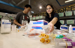 Sophomore biomedical engineering majors Kevin Shih and Sheetal Shah sort medical supplies for Project Cure, a nonprofit organization dedicated to supplying needy hospitals and clinics overseas with the tools to fight disease. Photo by Thomas Shea.