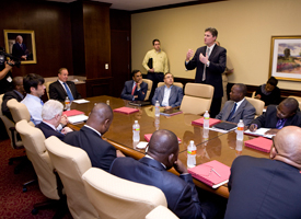 Cullen College alum Terri Ivers (BSME '80) speaks to a delegation from Angola in hopes of developing an educational partnership with Agostinho Neto University. 